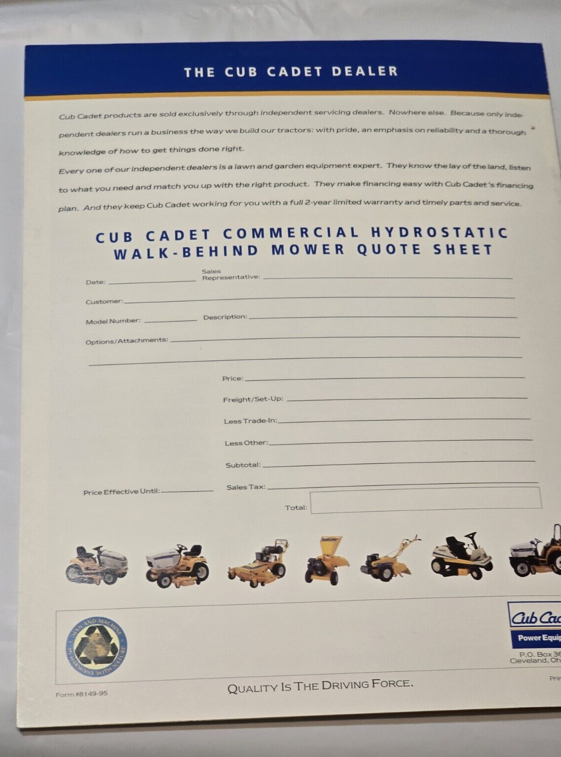 1995 Cub Cadet Ad Brochure Commercial Walk Behind Mowers Equipment Specs