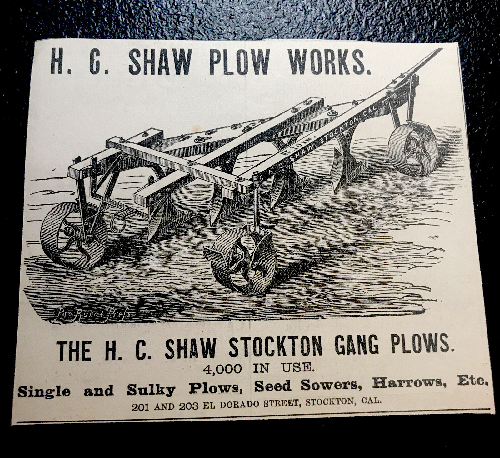 1882 H.C. Shaw Plow Works Farm Advertising – Stockton – California