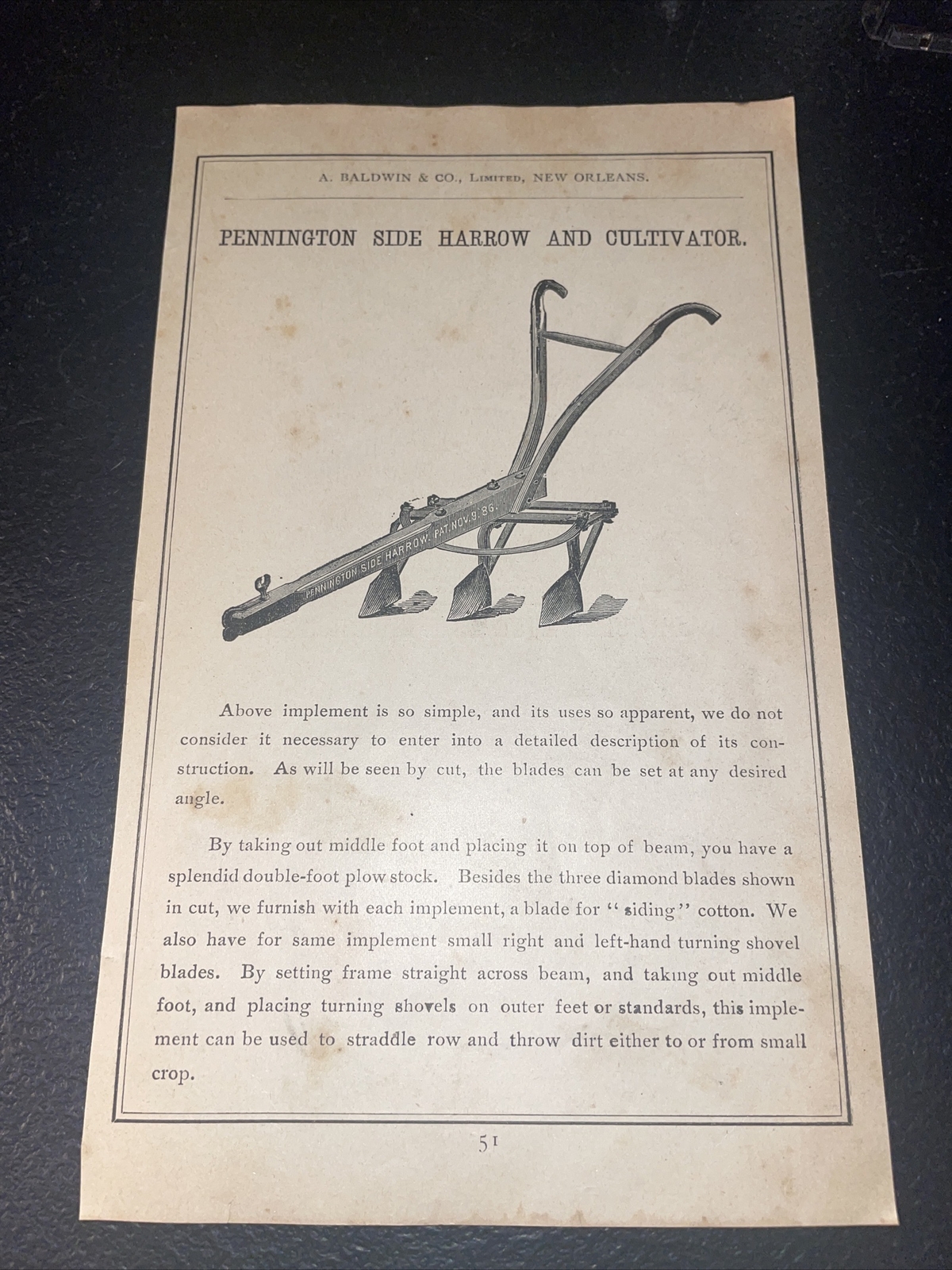 1891 Baldwin – Pennington Harrow Cultivator Farm Advertising – New Orleans – LA