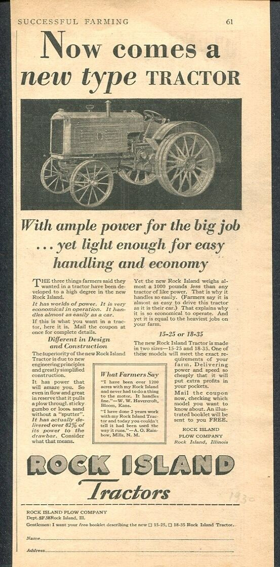 1930 Rock Island Tractor Ad A New Kind of Tractor–Made by Rock Island Plow Co