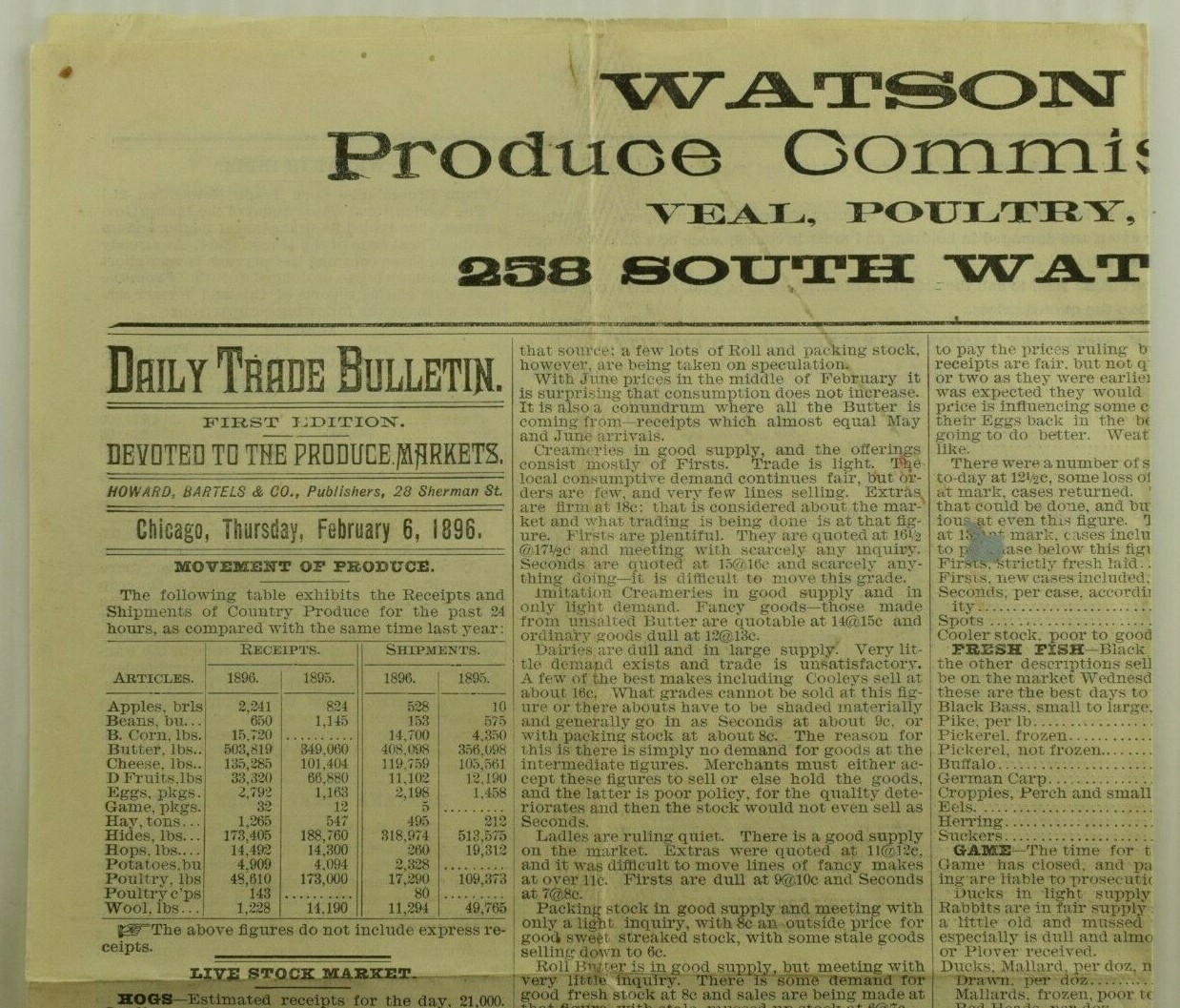 1896 Watson & Kelley Commission Merchants Chicago, IL Newspaper Flier
