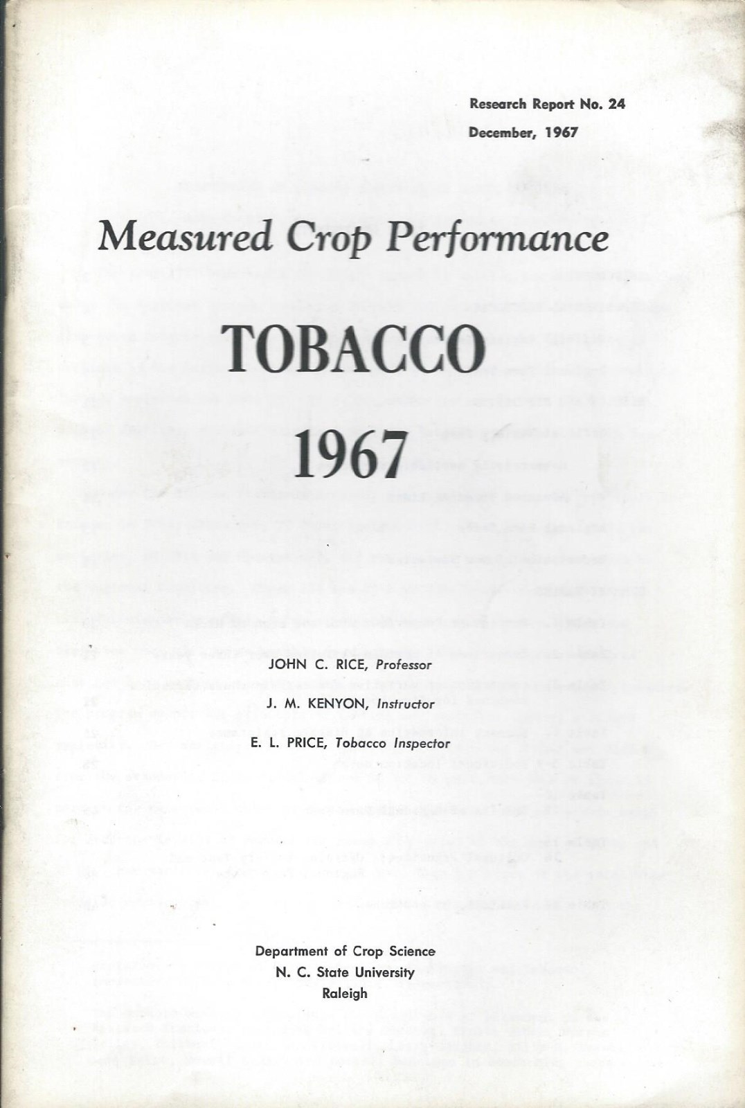 Farm Report – Measured Crop Performance – Tobacco – 1967 North Carolina (F5559)