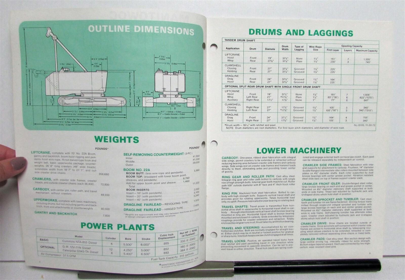 1974 Manitowoc 4100W Lift Tower Ringer Drag Clam Specs Construction Brochure