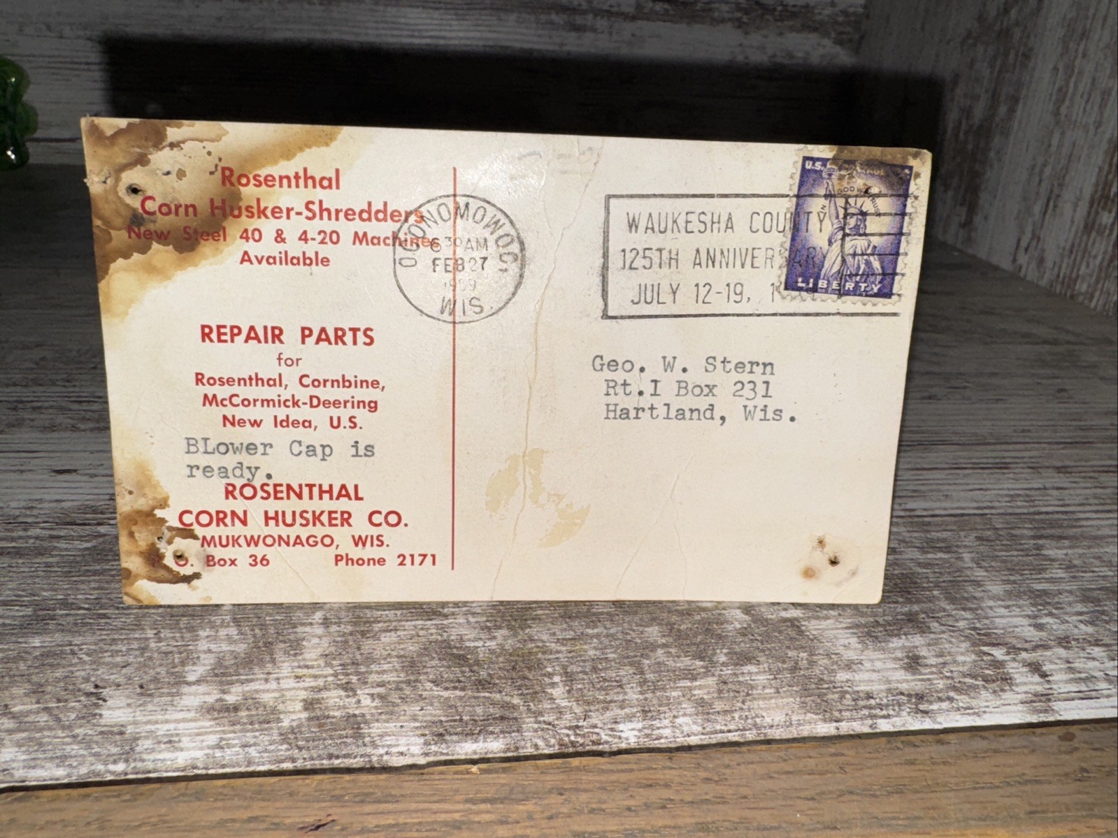 Vintage Postcard Rosenthal Corn Husker Co Corn Husker-Shredders Mukwonago Wi Wis