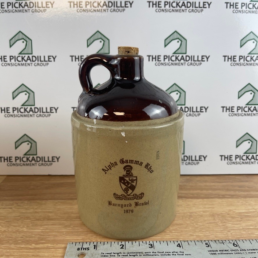 Vintage 1979 Alpha Gamma Rho Barnyard Brawl Stoneware Whiskey Jug USA Made Brown