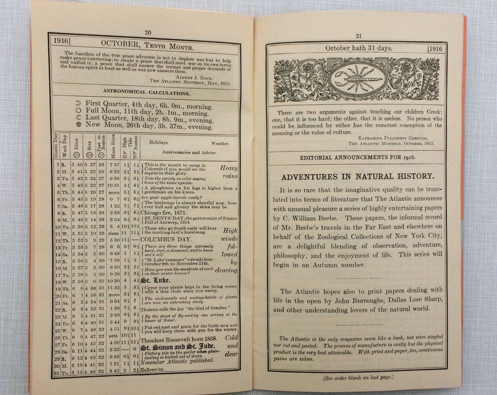 1916 THE ATLANTIC MONTHLY LITERARY ALMANAC, BOSTON MASSACHUSETTS