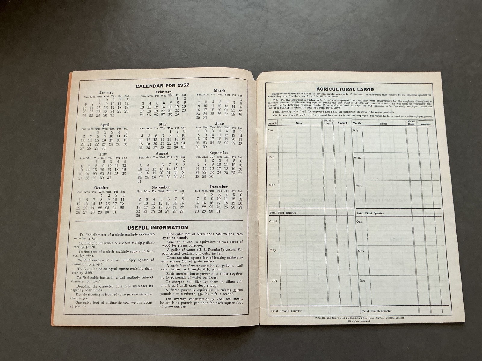 1952 Farm Acct. Record Book – Wakarusa Plumbing & Heating, New Paris, Indiana