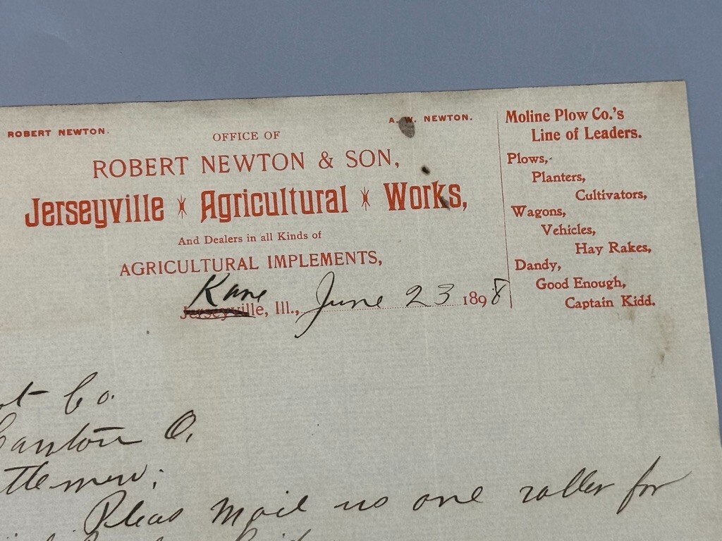 1898 JERSEYVILLE AGRICULTURAL WORKS Moline Plow Illinois FARM Advertising Letter