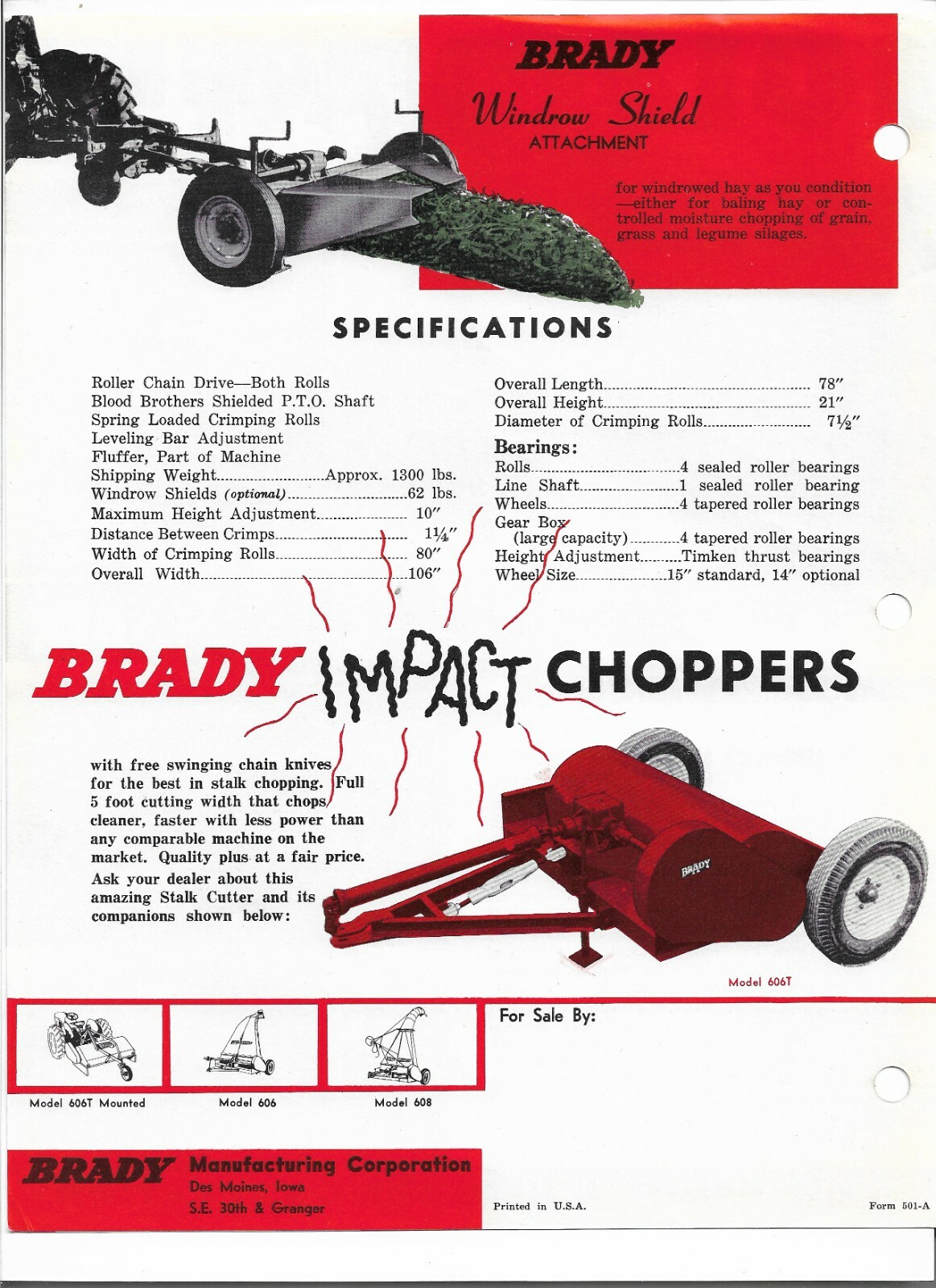 Original OE OEM Brady Model HC90 Haymaker Sales Brochure Form Number 501-A