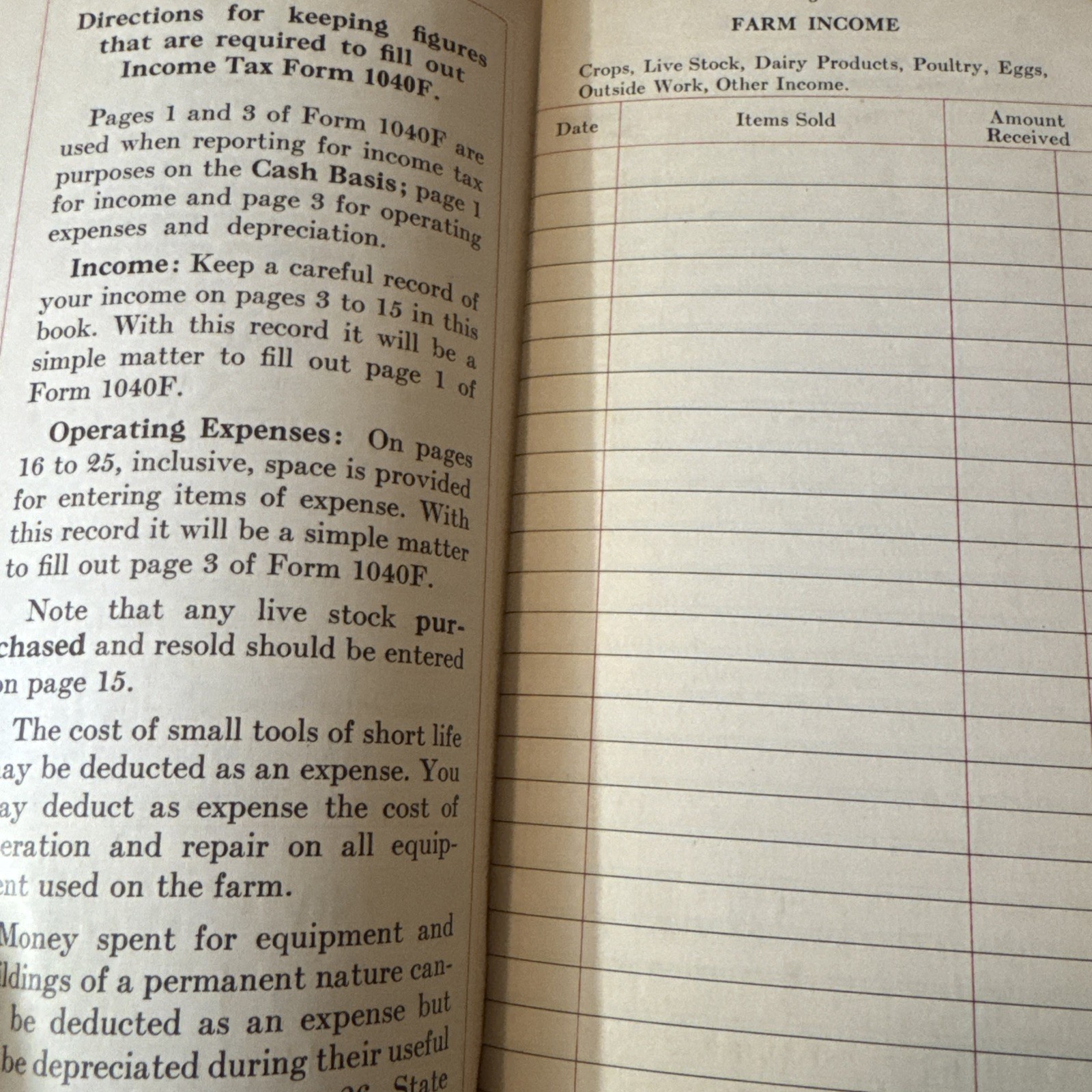 Vintage Farmers Income Tax record, income/expenses form 1040F, doylestown trust