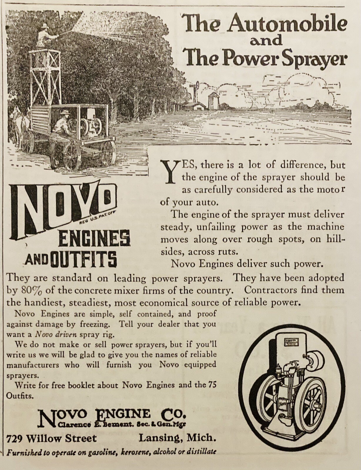 1917 AD.(XH71)~NOVO ENGINE CO. WILLOW ST. LANSING, MI. NOVO SPRAYER ENGINES