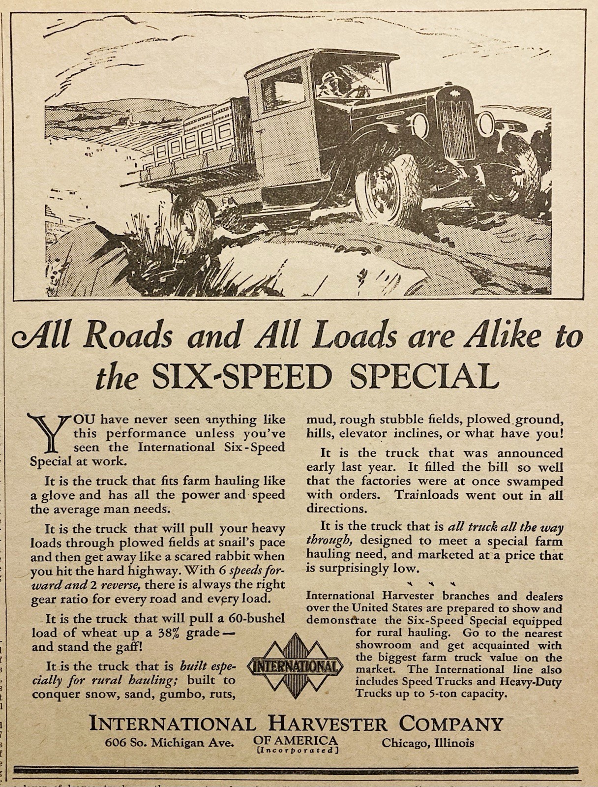 1929 AD.(XH86)~INTERNATIONAL HARVESTER CO. CHICAGO. INTERNATIONAL SIX-SPEED