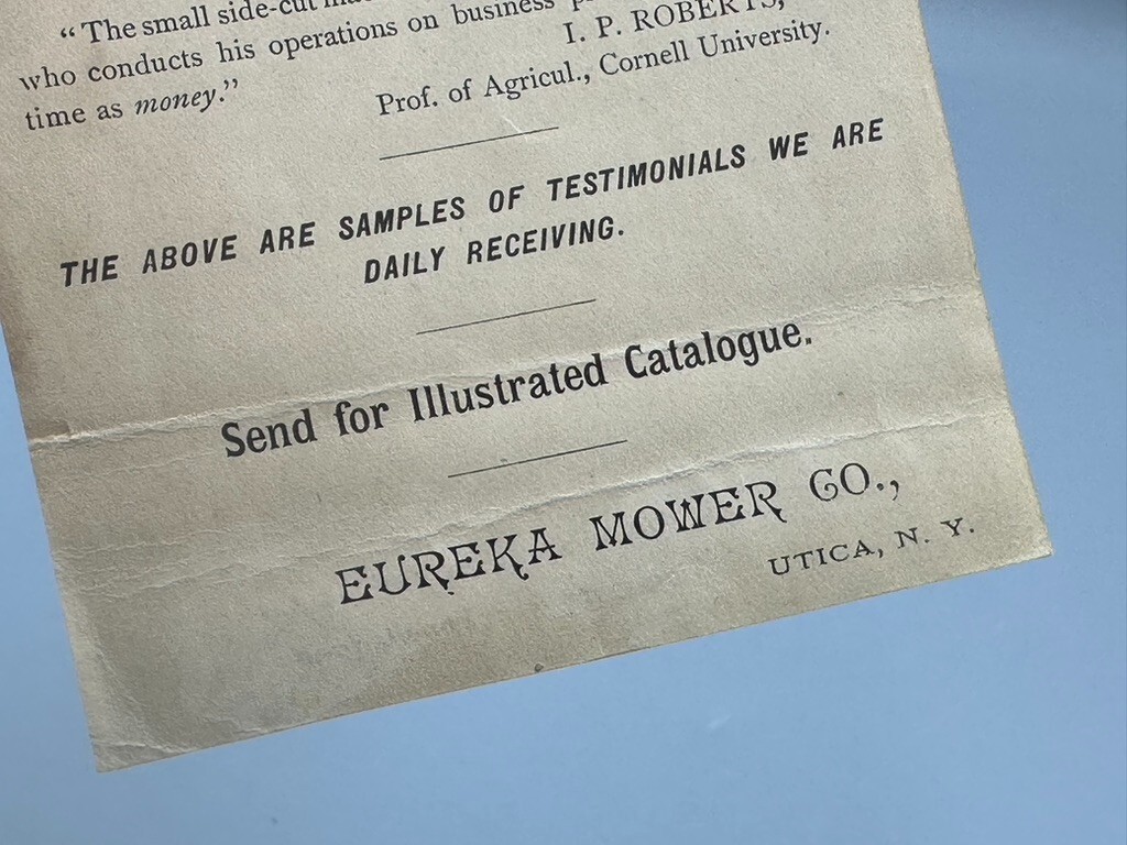 1880s EUREKA MOWER Utica FARM Advertising TRADE CARD