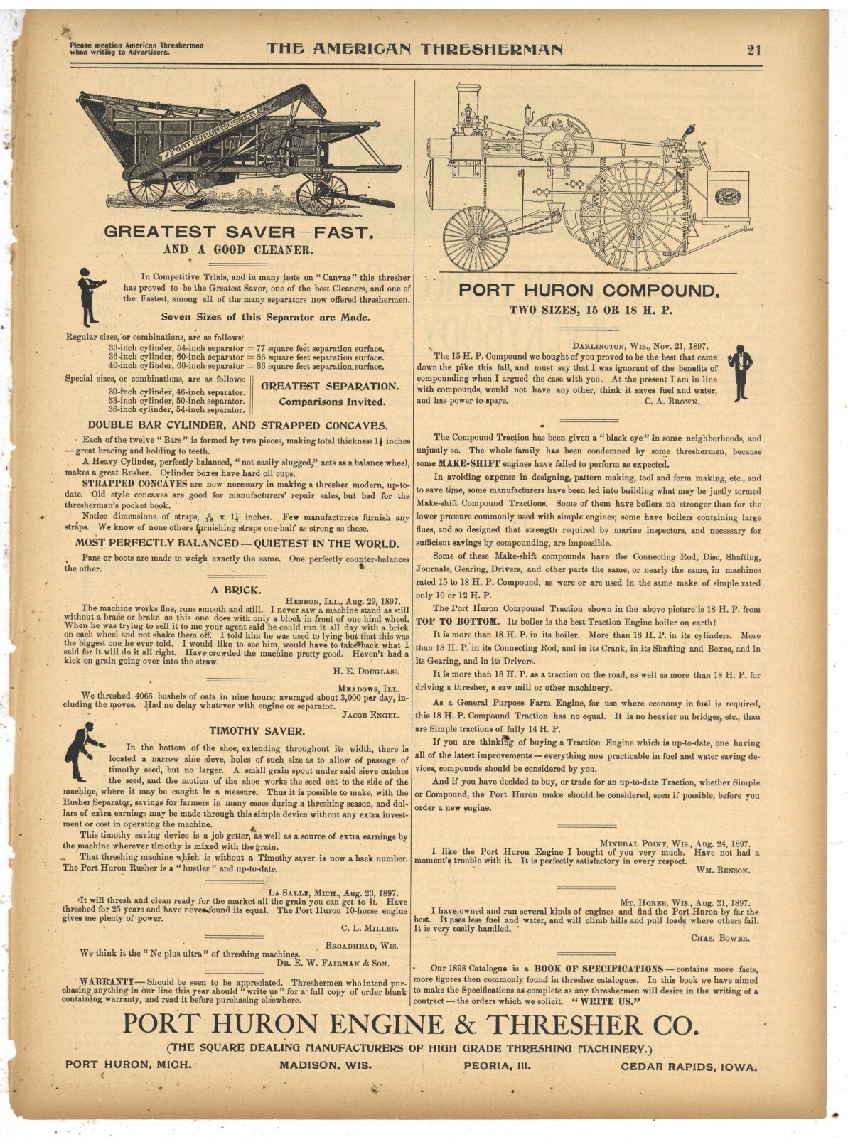 1898 Port Huron Engine & Thresher Co. Ad: Compound Traction Engine & Rusher Pics