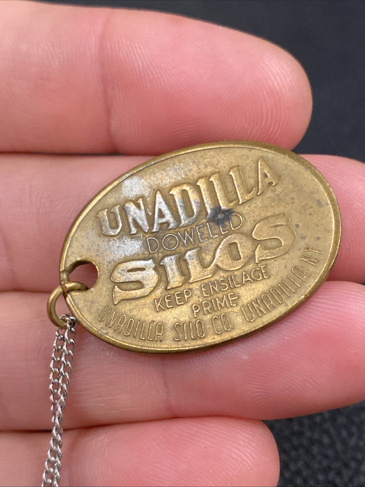 1906 ANTIQUE UNADILLA SILOS NY FARM ADVERTISING PENDANT KEYCHAIN CHARM FOB TAG