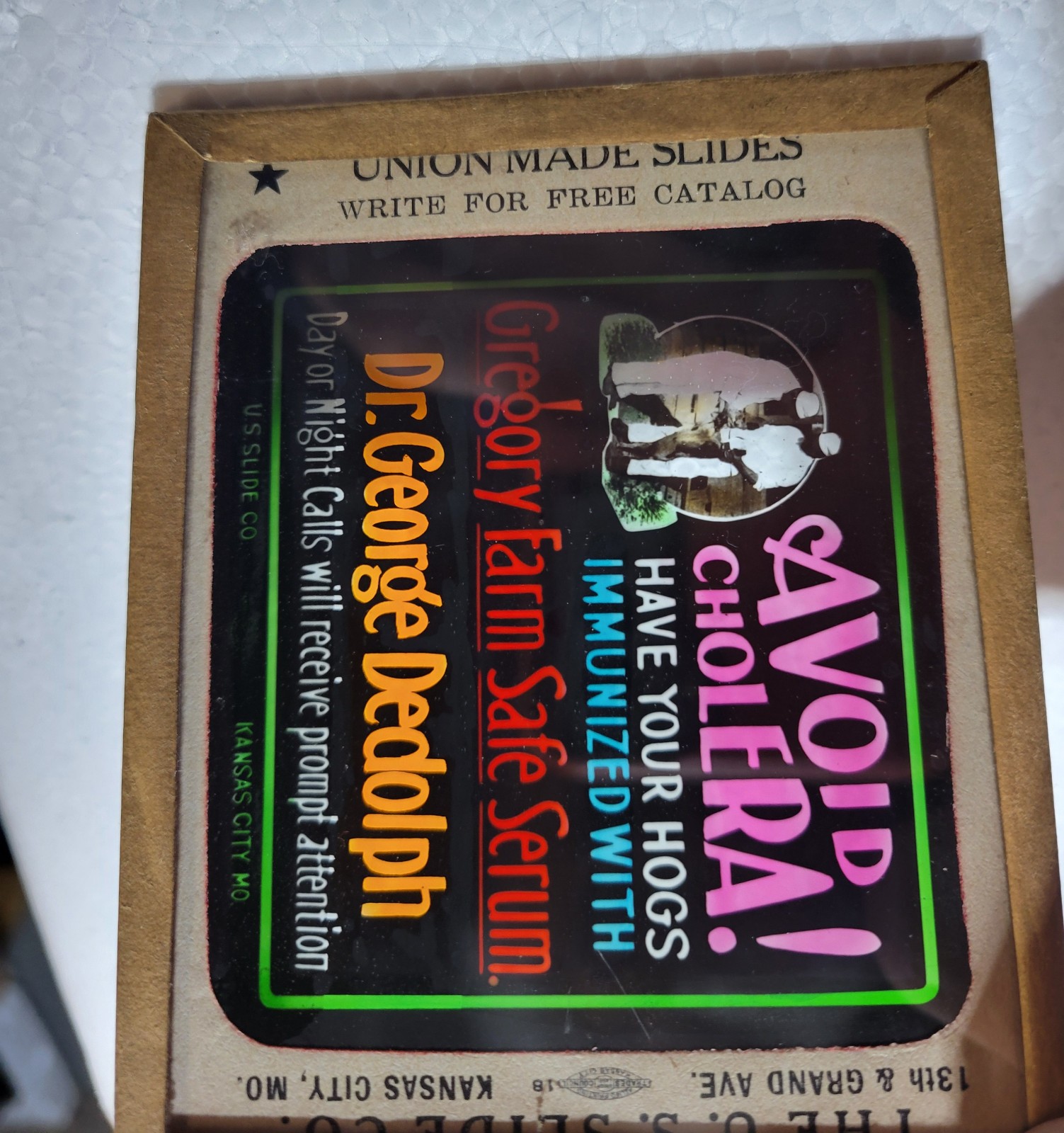 Advertising Glass Slide Cholera Hogs Gregory Farm Magic Lantern US Slide Co 1920