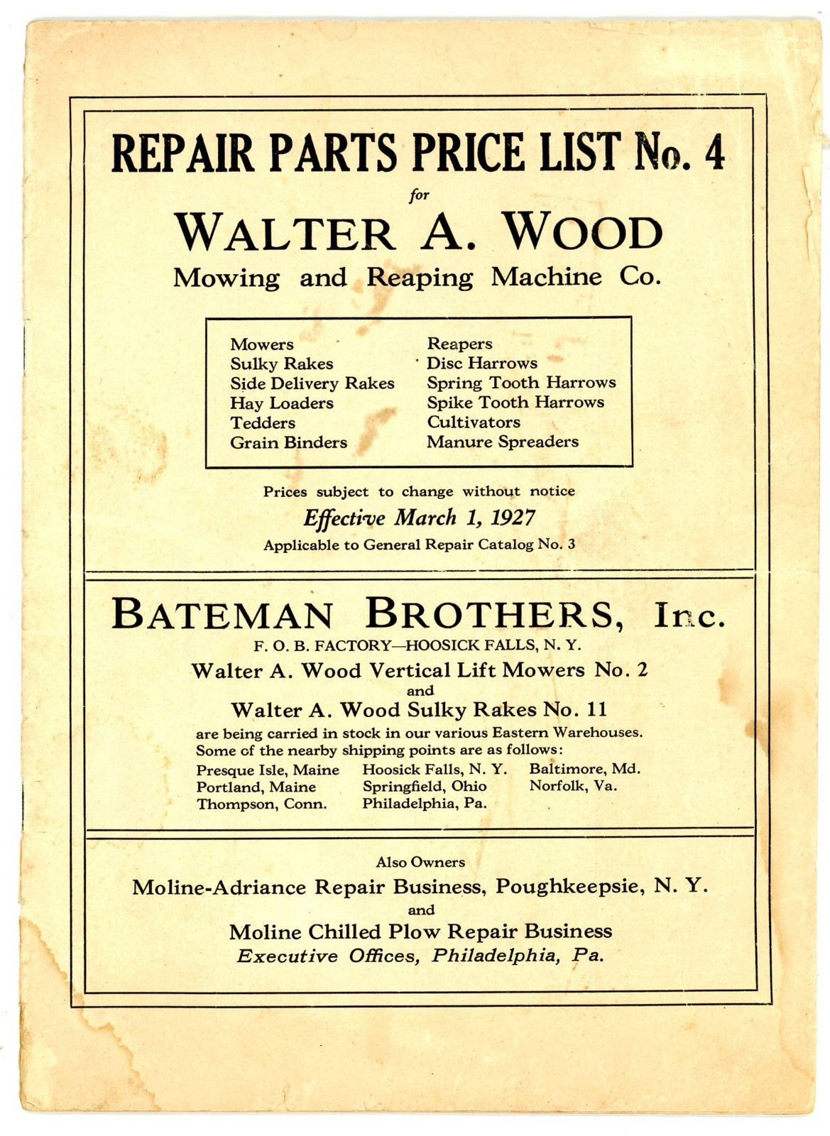 Walter A Wood Machine Co 1927 Parts Price List 4 Bateman Bros Hoosick Falls NY