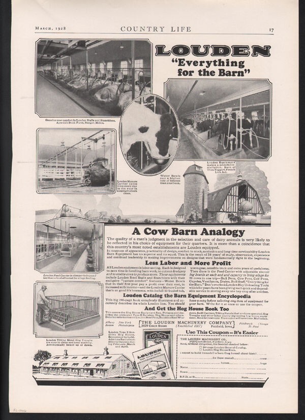 1928 LOUDEN COW BARN MACHINE HAYCART DAIRY FARM MILK FAIRFIELD IOWA AD FC-0016