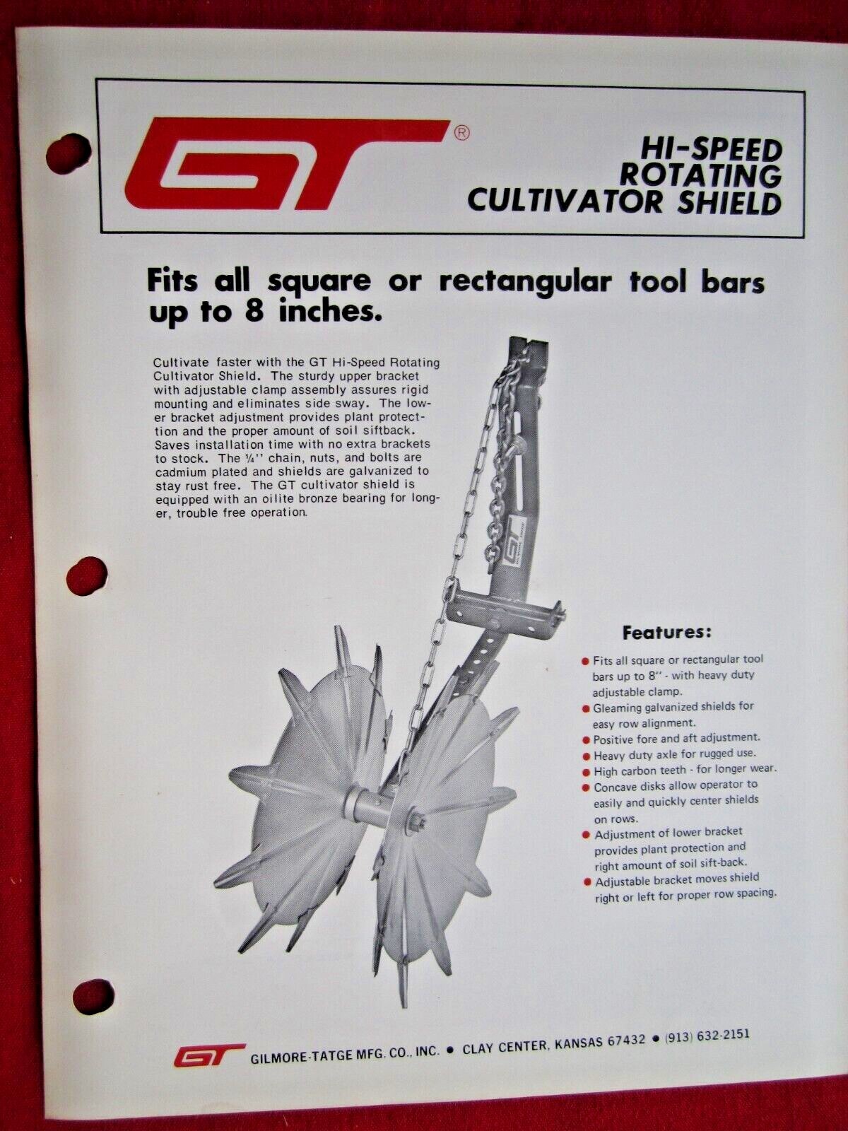 1975 GT GILMORE-TATGE CLAY CENTER KANSAS, CULTIVATOR SHIELD BROCHURE SPEC SHEET