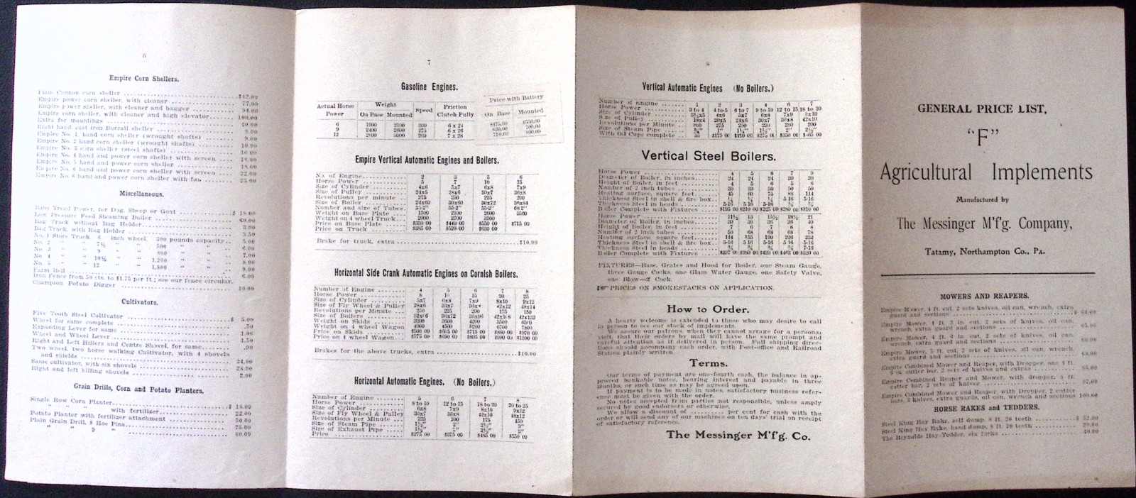 c1900 General Price List Agricultural Implements Mesinger Mfg Co TATAMY PA