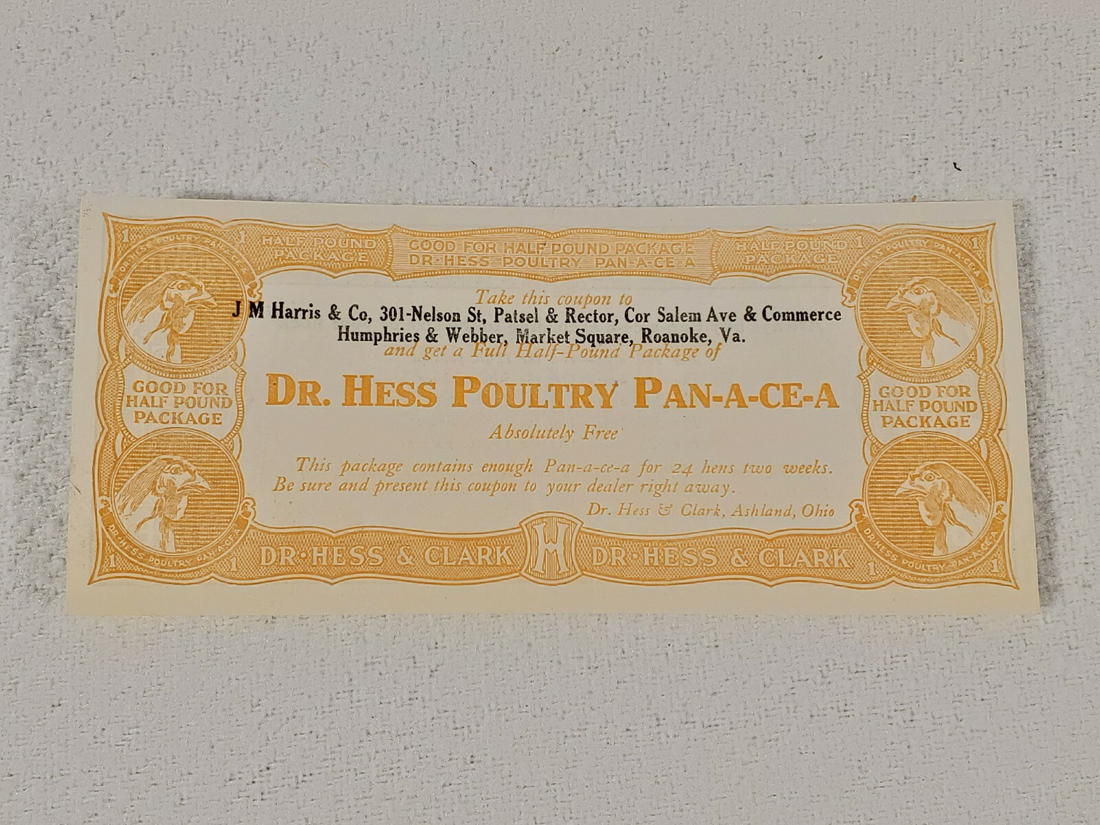 Dr Hess & Clark Poultry Pan-a-ce-a Good for Half Pound Package Coupon Roanoke VA