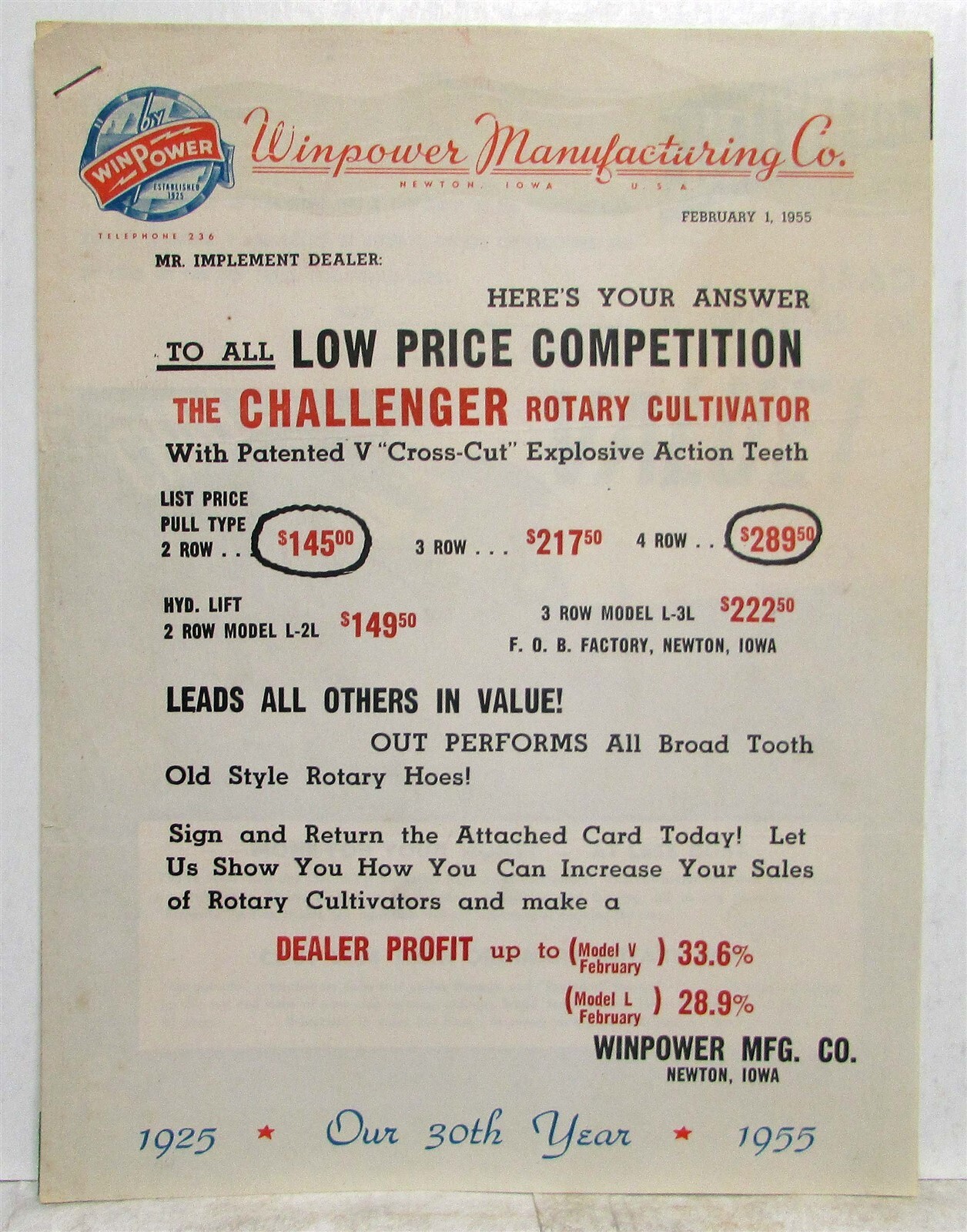 1955 WinPower Challenger Rotary Cultivator Specs Dealer Letter & Sales Brochure