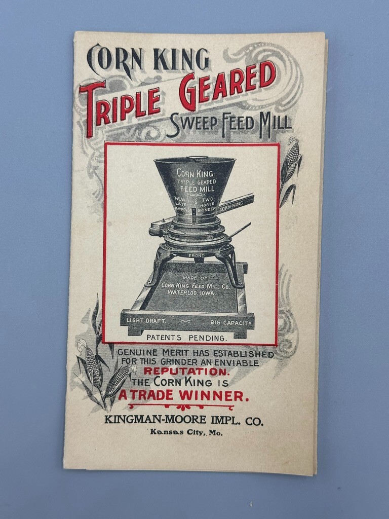 c 1900 CORN KING Grinder Mill FARM Advertising Folding Trade Card WATERLOO Iowa