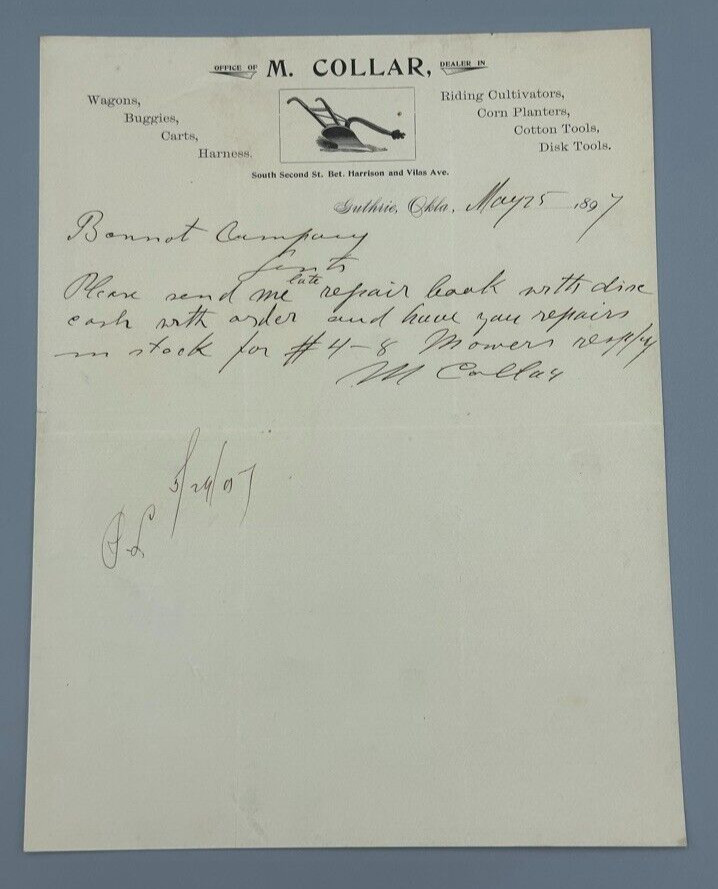 1897 COLLAR PLOW Buggies WAGONS Farm Advertising Letterhead Antique GUTHRIE OK
