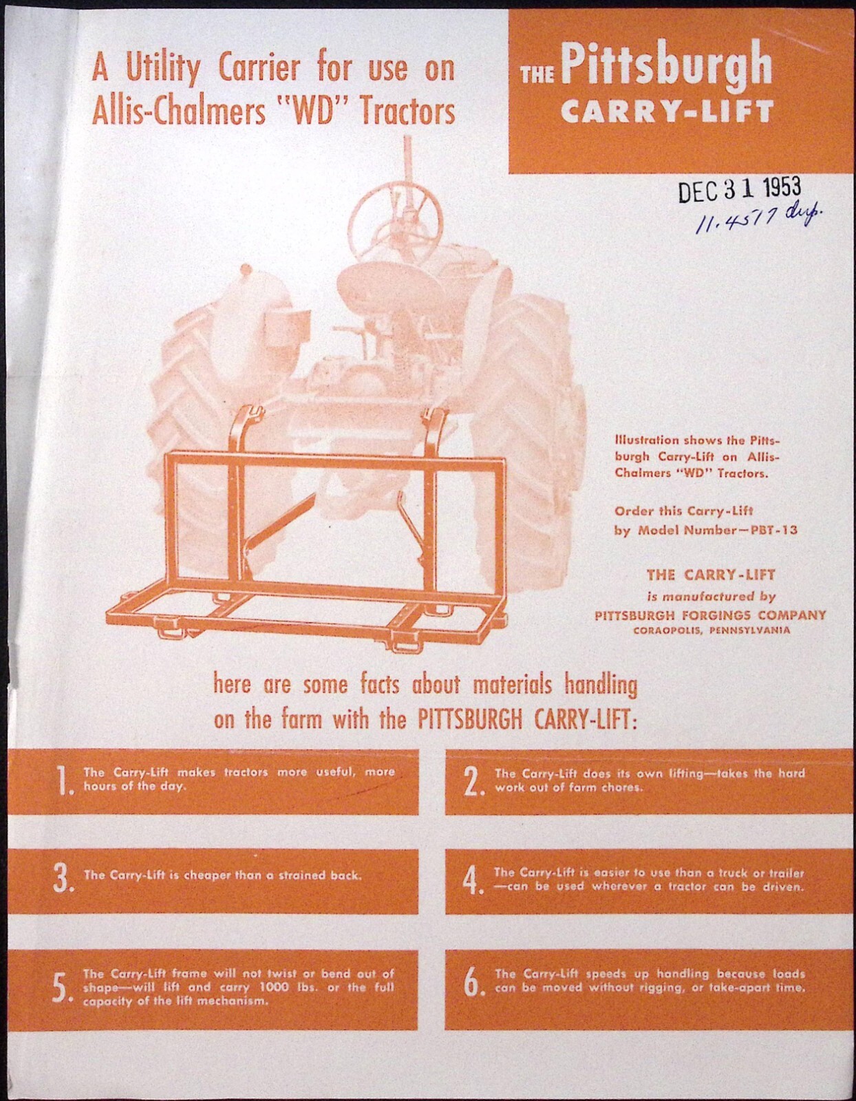 1953 Pittsburgh Carry Lift Utility Carrier for WD Tractors Brochure