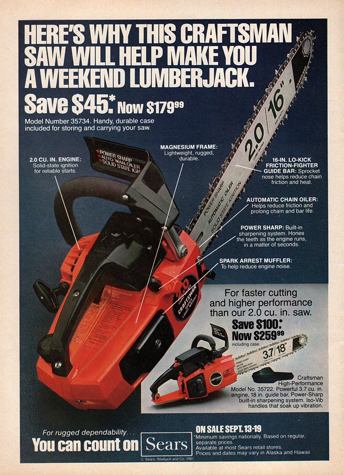 1981 Sears Craftsman Super Lightweight Chainsaw Original Color Print Ad