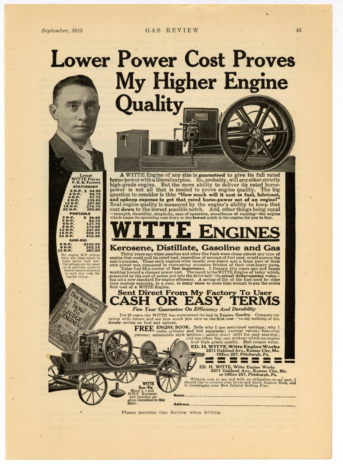 1915 Witte Engines Ad: ED. H. Witte, Witte Engine Works, Kerosene, Distillate