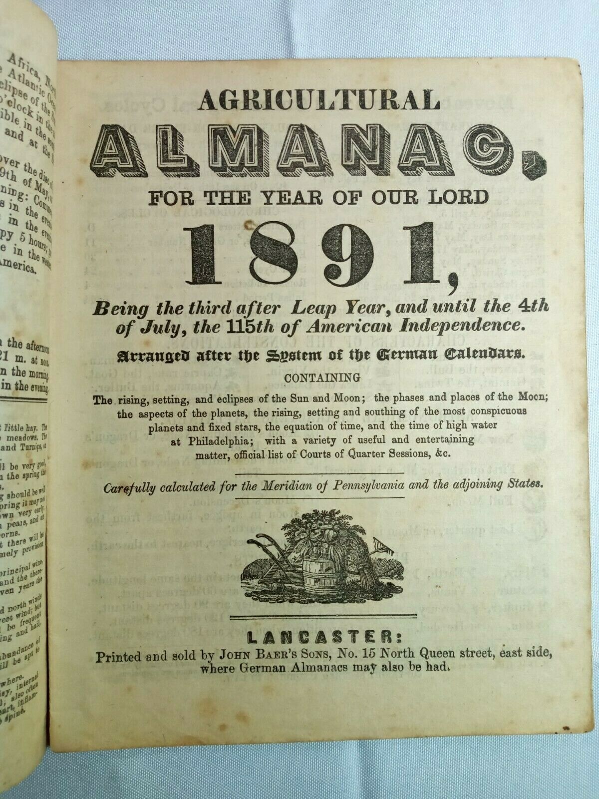 1891 John Bear Baer&rsquo;s Agricultural Almanac Lancaster, PA Antique Farmers Vintage
