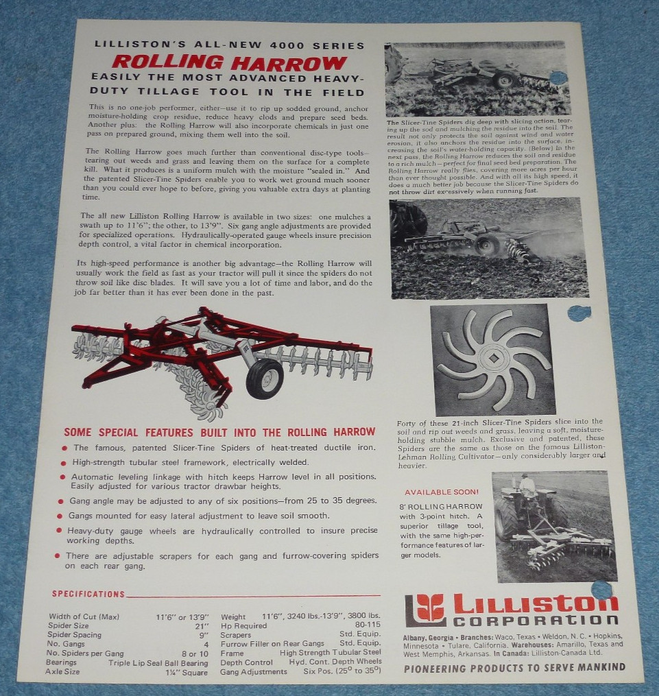 Vtg 1969 Lilliston 4000 Series Rolling Harrow Farm Equipment Brochure Price List