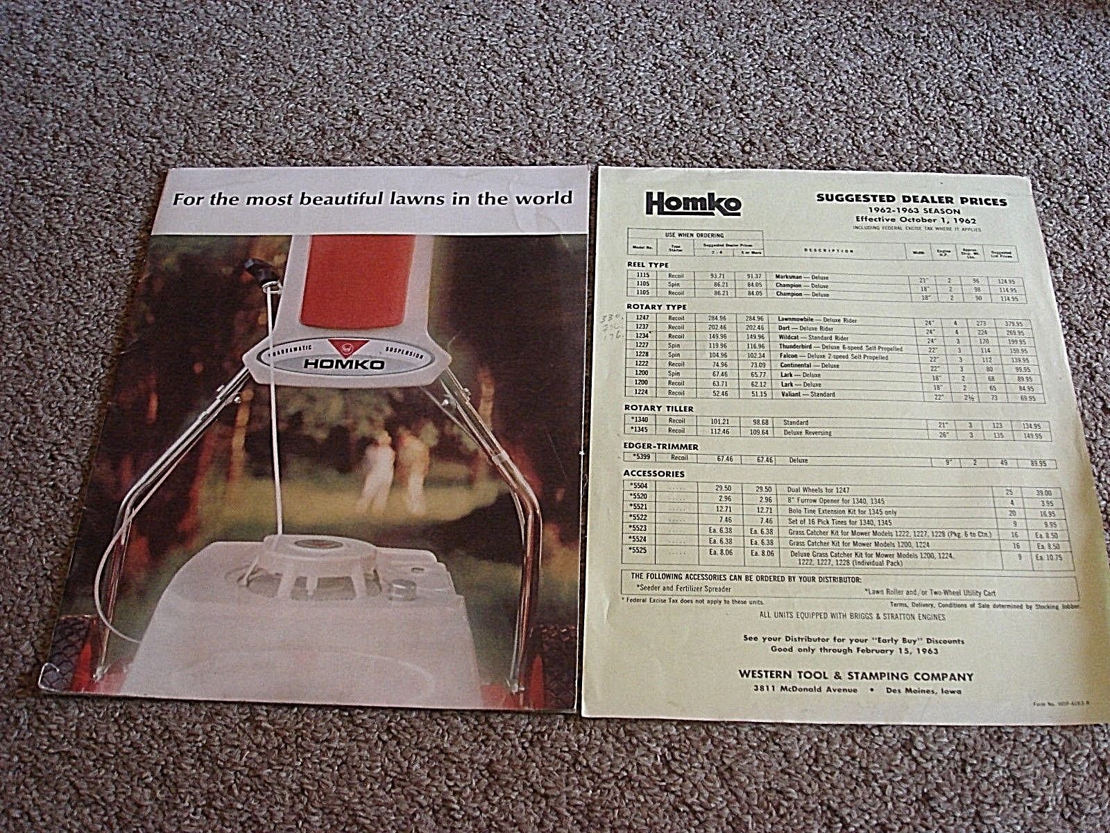 VINTAGE HOMKO 1962-1963 LAWN MOWER TRACTOR TILLER DEALER SALES BROCHURE LOT #1