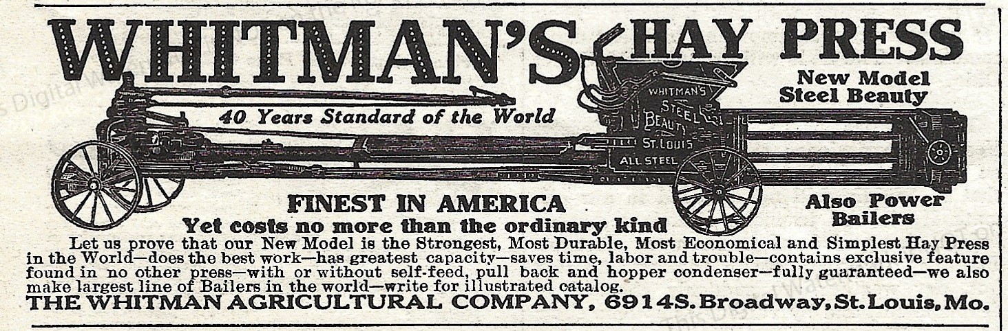 1911 Whitman’s Hay Press Ad * New Model The Whitman Agricultural Co St. Louis MO