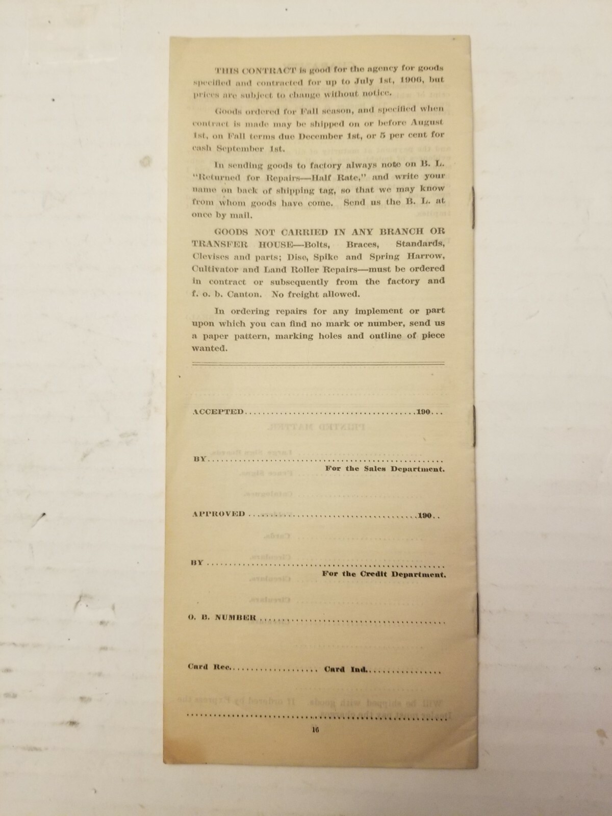AGRICULTURE CONTRACT. 1906. THE BUCHER & GIBBS PLOW CO.