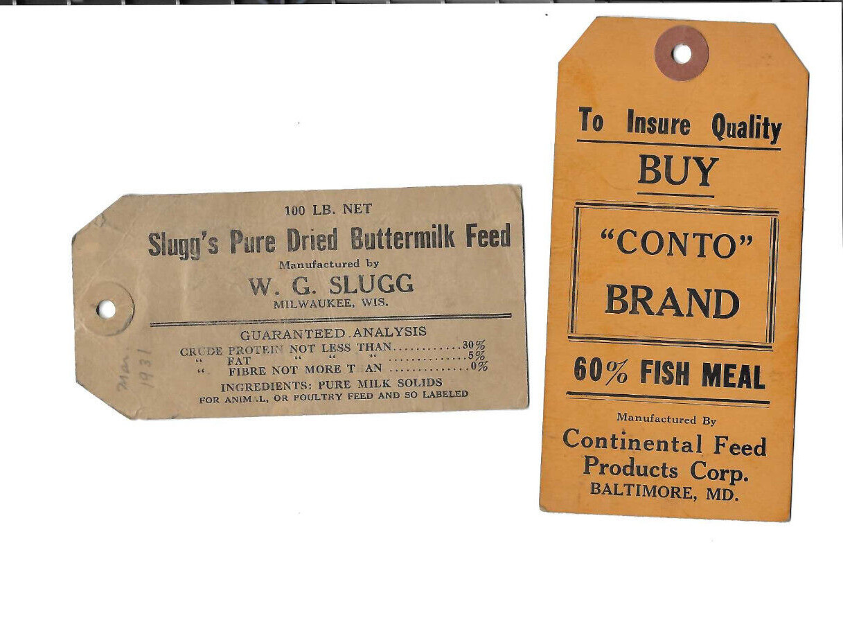 8 VTG 1930s ANIMAL FEED LABELS! FOR POULTRY & DAIRY! BONE MEAL/DRIED BUTTERMILK!