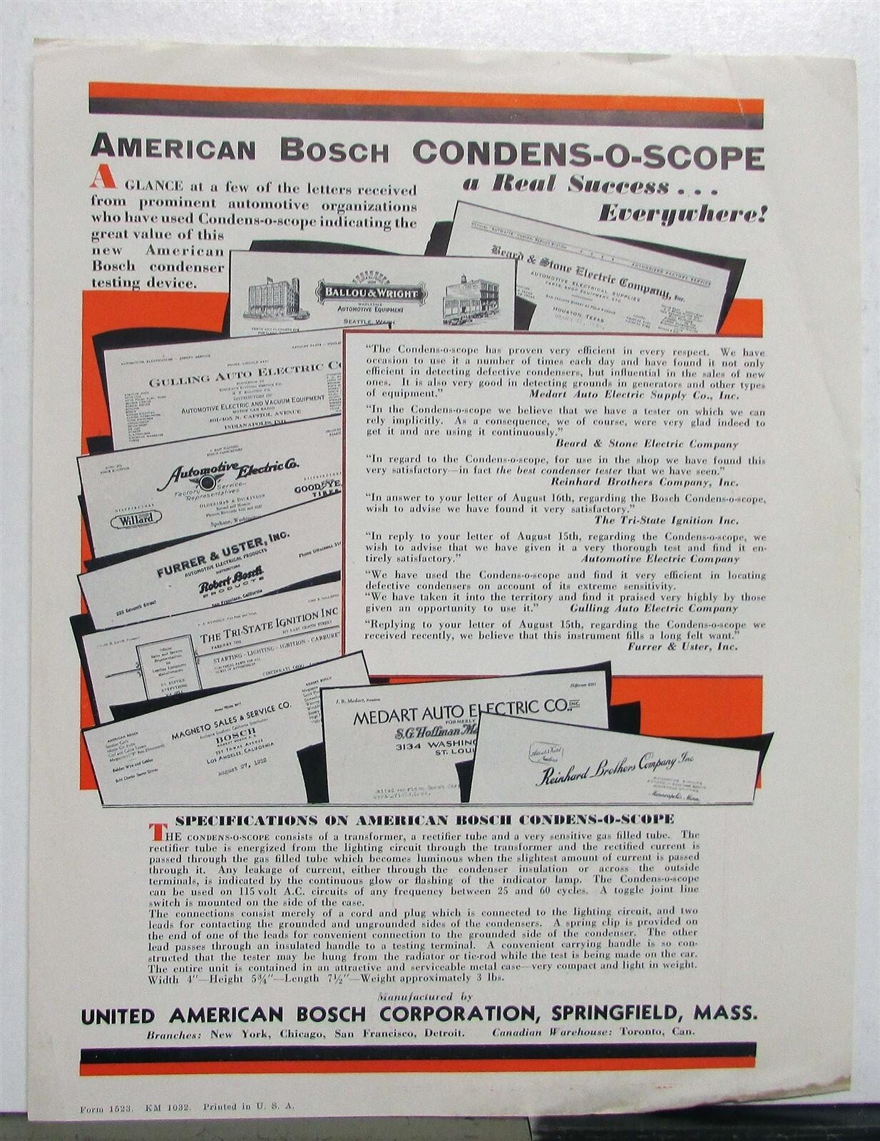 1933 American Bosch Condens-O-Scope Auto & Radio Tester Sales Data Sheet