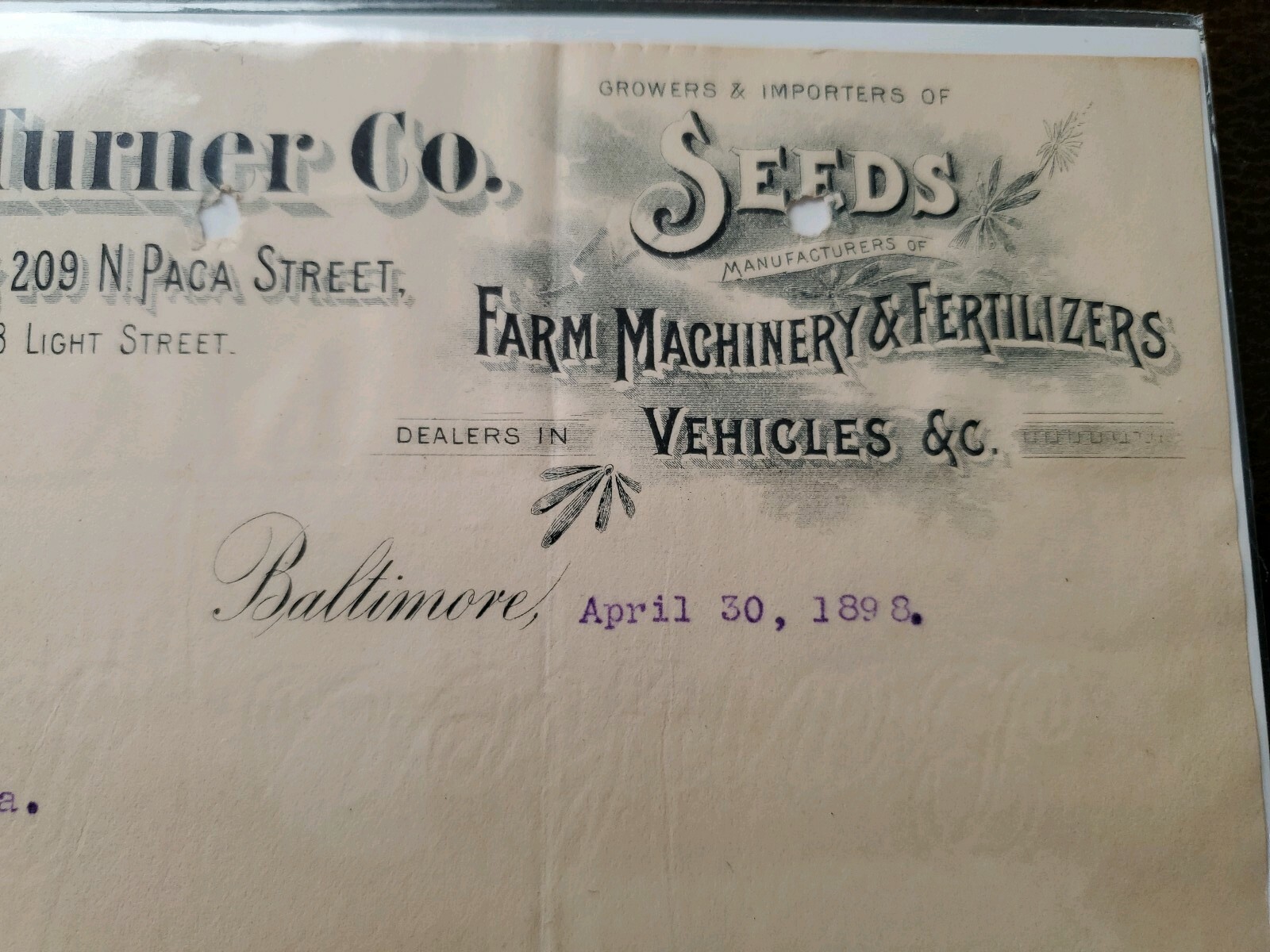 Vintage 1898 Griffith & Turner Seeds & Farm Machinery Baltimore Md Md Letterhead
