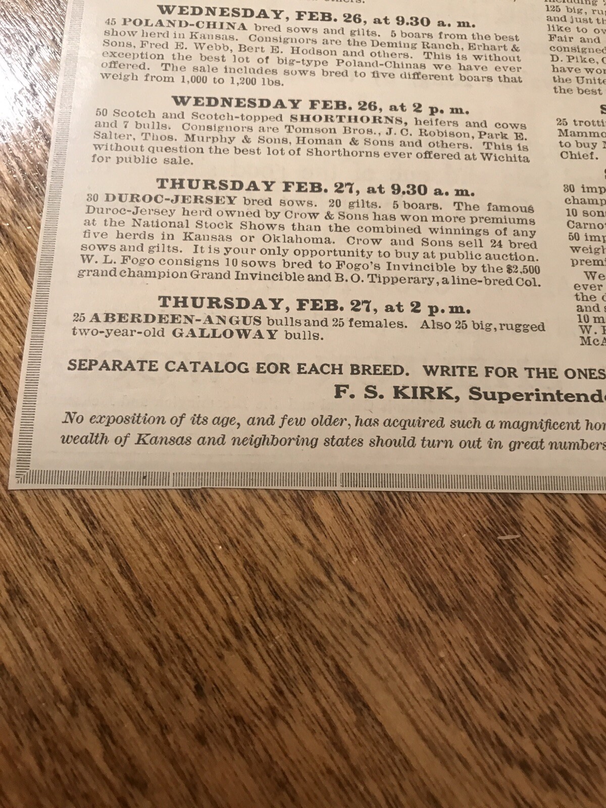 1919 Cattle Livestock Public Sale – Wichita – Kansas – Cow Advertising