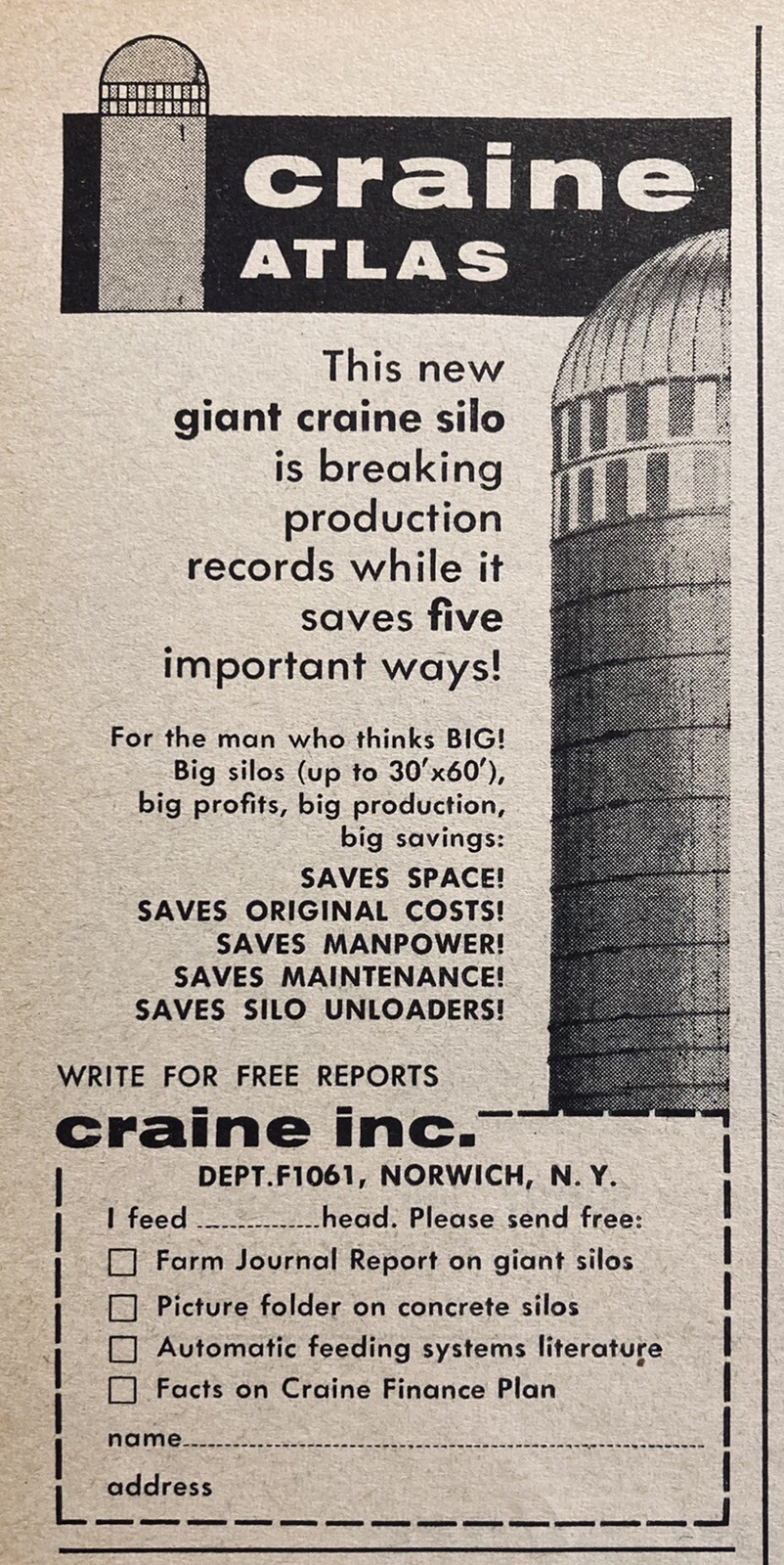 1961 AD.(XH58)~CRAINE INC. NORWICH, NY. CRAINE “ATLAS” SILOS