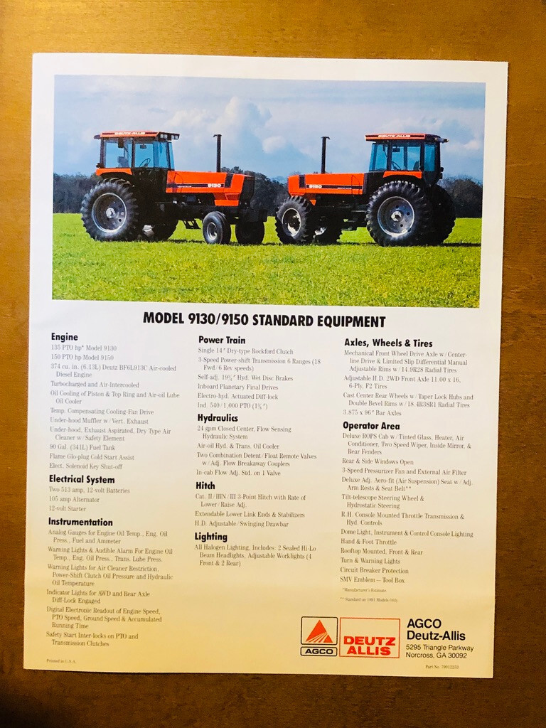Rare 1991 DEUTZ ALLIS 9100 Series 9130 & 9150 Tractors Sales Brochure 4 Pages