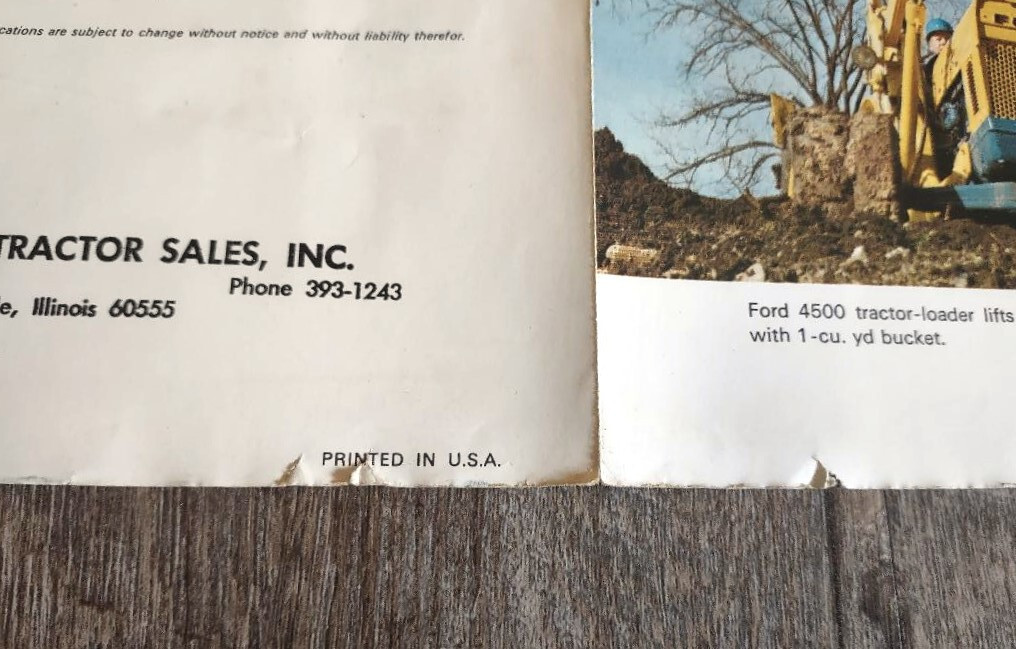 Vintage FORD TRACTOR-LOADER One Page Fold-Out Two-Sided BROCHURE Flyer Leaflet