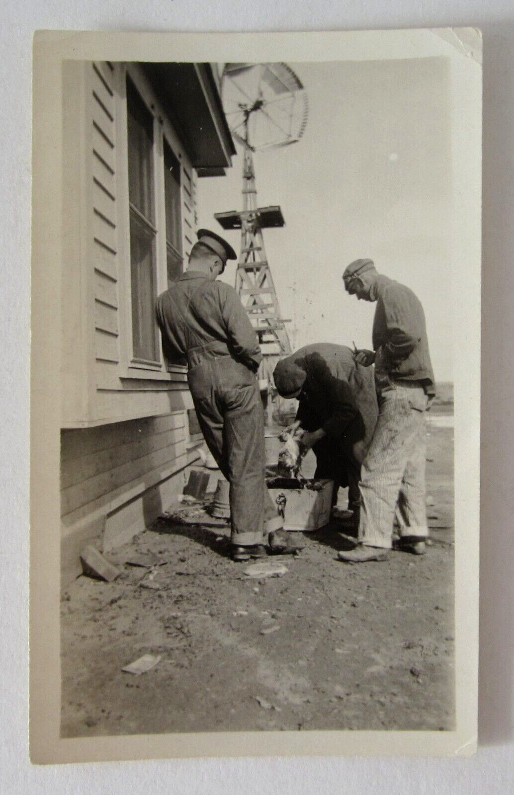 Vintage Eclipse Wood Windmill Farmers Plucking Chickens Snapshot Photo 1930s