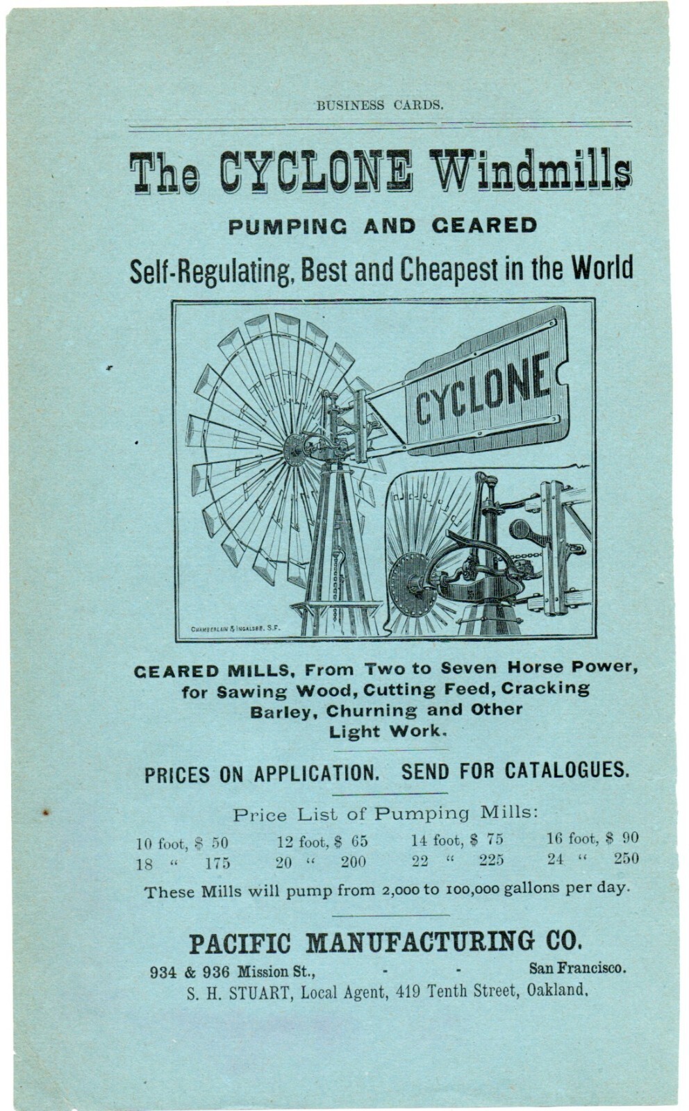 1880s Advertisement for the Cyclone Windmills San Francisco CA