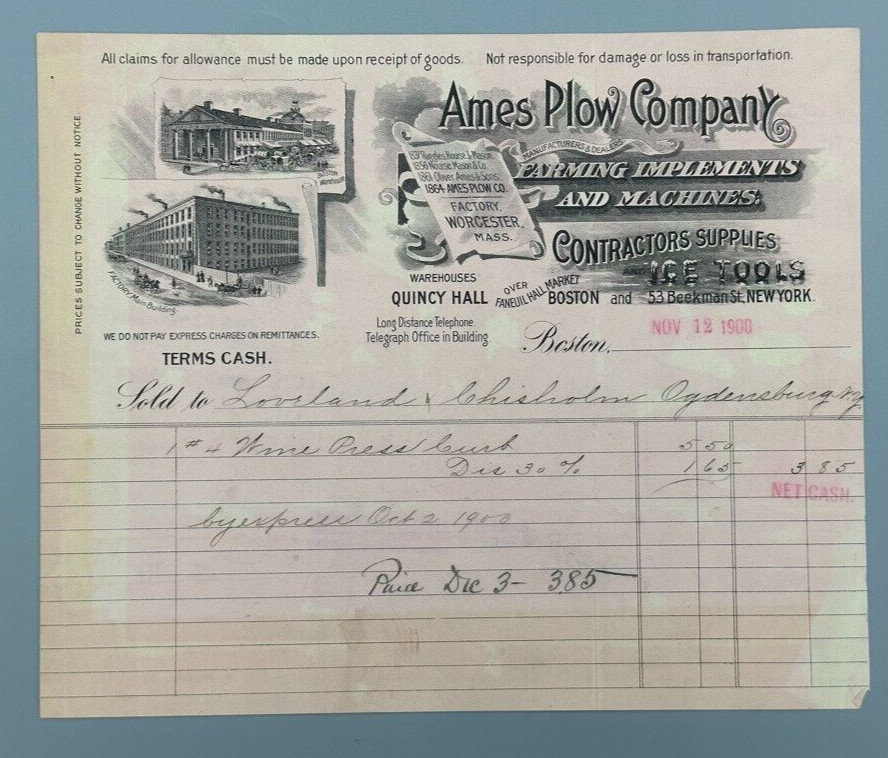 1900 AMES PLOW Company FARMING Machines ICE TOOLS Billhead Antique Advertising
