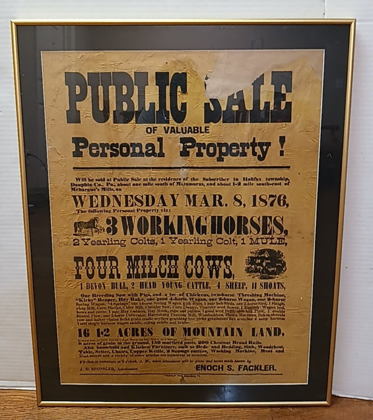 1876 Public Farm Sale Framed Auction Notice, Halifax Township, Pennsylvania