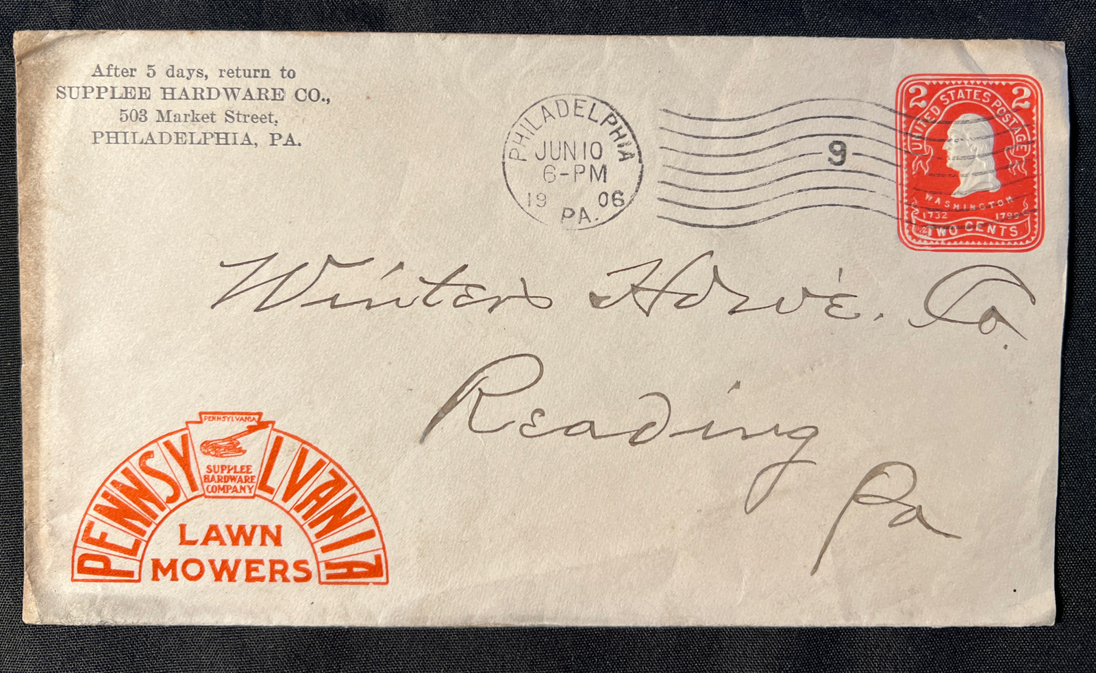 Antique 1906 PENNSYLVANIA Lawn Mowers SUPPLEE Hardware Letter Envelope