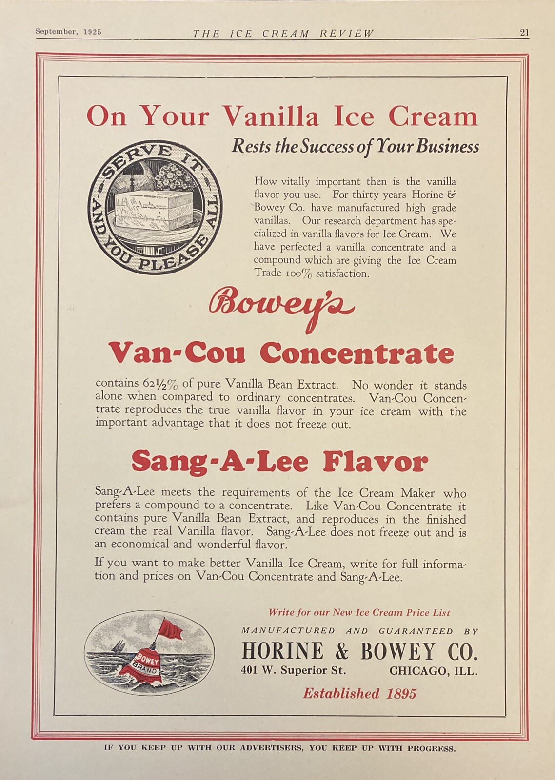 1925 AD.(XF12)~HORINE & BOWEY CO. CHI., HIGH GRADE ICE CREAM FLAVOR CONCENTRATE