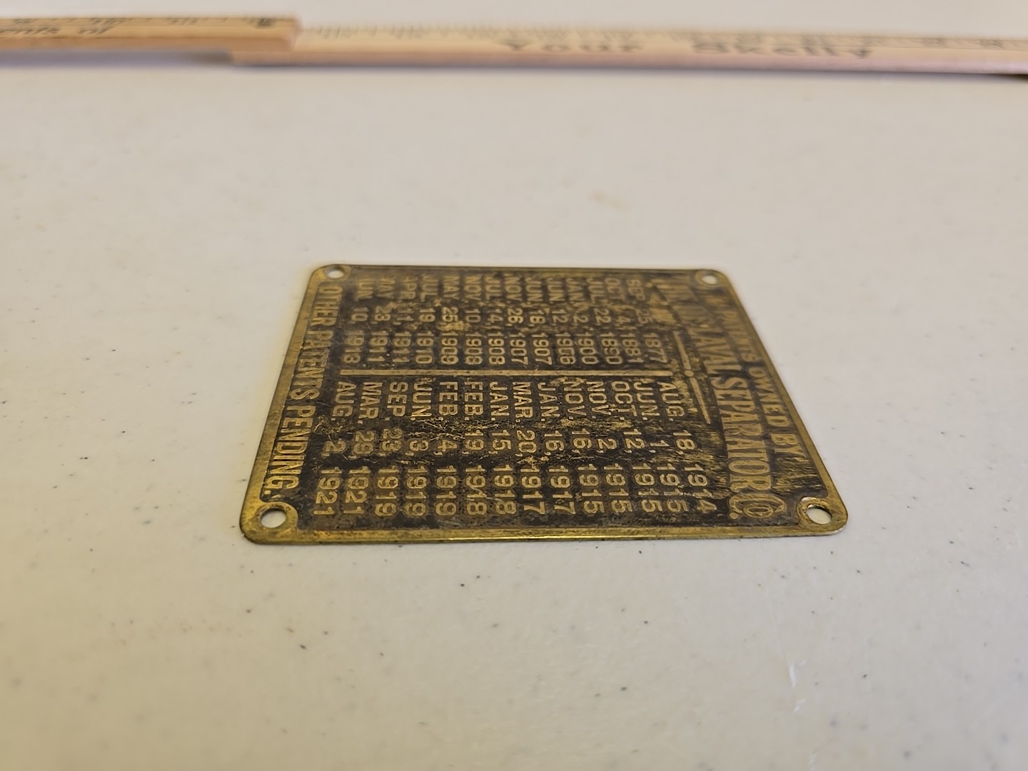 Antique De Laval Seperator Co Advertising 1921 Brass Patent List Badge Emblem